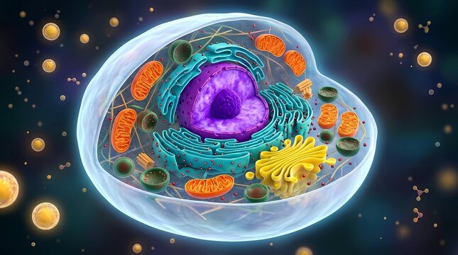 Detailed 3d cutaway illustration of a cell's internal structure reveals organelles and nucleus in vibrant colors against a dark background