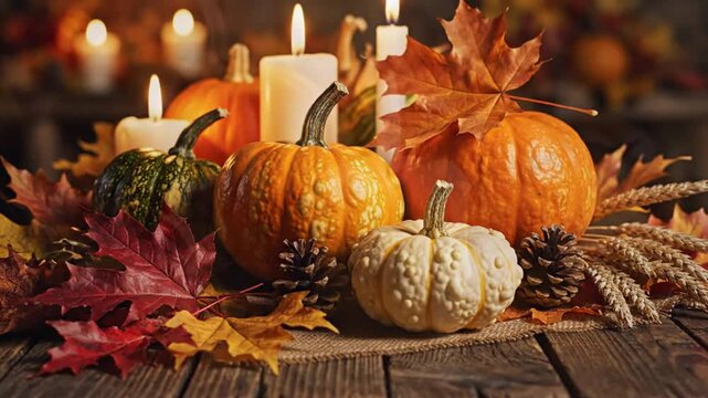 Cozy autumn Thanksgiving table setting with pumpkins, candles, fall foliage, and pinecones for festive holiday mood