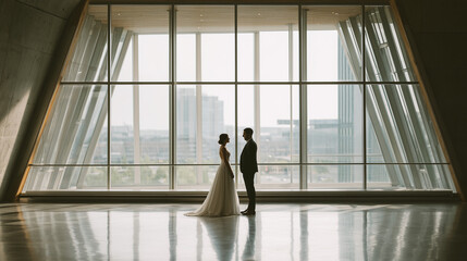 Fototapeta premium romantic bride and groom silhouette standing by large window in modern wedding venue, elegant wedding couple portrait in bright architectural interior, bride and groom facing each other in modern glas
