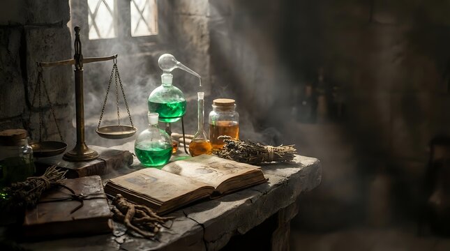 Medieval alchemist laboratory with glowing green potion, ancient books, brass scales and mystical apparatus in atmospheric stone chamber.
