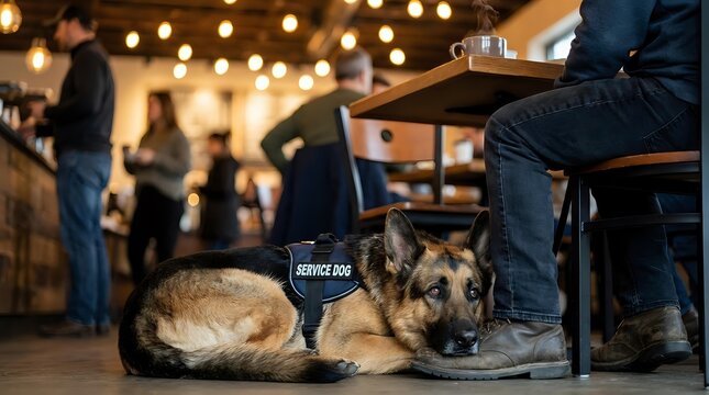 German Shepherd service dog resting beside handler in wheelchair at outdoor restaurant with string lights and evening ambiance for disability support.