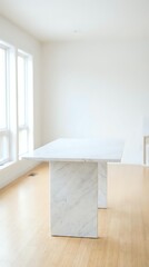 Fototapeta premium Modern white marble dining table with geometric base on hardwood floor in bright minimalist room with large windows for contemporary interior design.