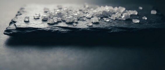 Fototapeta premium Water droplets on dark slate stone surface creating natural texture and moisture pattern for spa wellness and nature concepts.