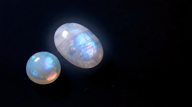 Two luminous opal gemstones with rainbow iridescence floating on black background, precious stones with holographic fire for jewelry design.