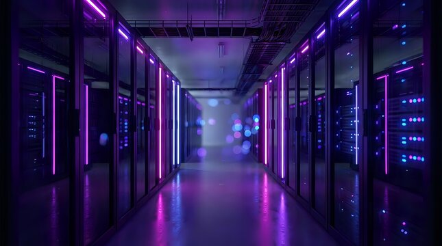 Modern data center server room with purple neon lighting and rows of computer racks for technology and cloud computing applications.