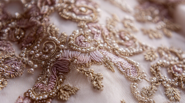 luxury embroidered lace fabric with pearls and gold thread detail, elegant bridal lace textile with intricate embroidery and beadwork macro, delicate couture lace pattern with pearls and metallic embr