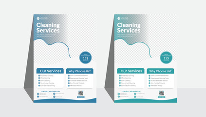 Fototapeta na wymiar Professional Home Cleaning Service Promotional Flyer Template with Blue Theme, Smiling Housekeeping Team, Residential Maintenance Advertisement Layout and Modern Janitorial Business Marketing Design.