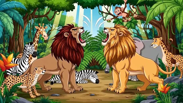 Lions Fighting in Jungle with Wild Animals.