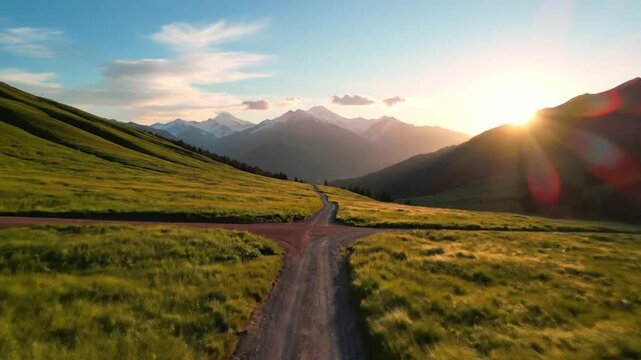 Scenic countryside dirt road splits into two against beautiful mountain range with sunset view