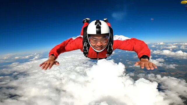 Skydiver in Free Fall above the Clouds.