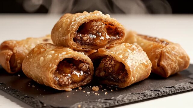 Golden Crispy Pisang Aroma Banana Spring Rolls With Warm Filling A Delicious Sweet Snack Loopable Background With Gentle Steam