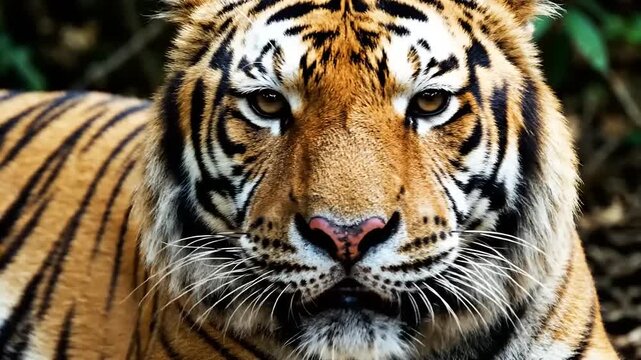Tiger Closeup Facing Camera with Striped Fur.