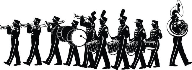 Marching band silhouette with musicians playing trumpet, drum and tuba, parade orchestra performers walking in formation vector illustration isolated on light background © MdMamunur