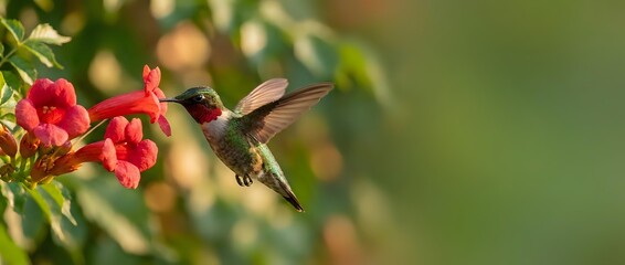 Obraz premium Ruby-throated hummingbird feeding on bright red trumpet flowers in natural garden setting with soft bokeh background for wildlife photography.