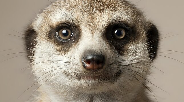Adorable meerkat portrait with expressive dark eyes and detailed fur texture on neutral background for wildlife and nature projects.