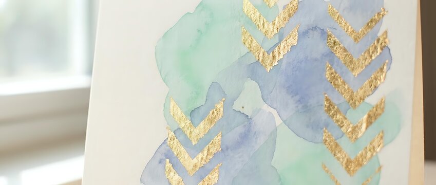 Abstract watercolor background with gold foil chevron arrows in mint green and lavender purple hues for modern design projects and stationery.