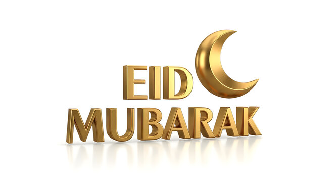 Golden 3D text 'EID MUBARAK' with a shiny crescent moon, perfect for Islamic holiday greetings, celebrations, and festive designs isolated PNG with Transparent Background