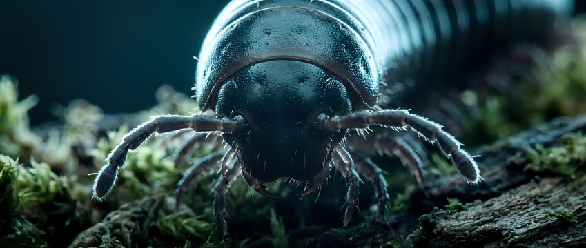 Macro close-up of pill bug roly-poly isopod on mossy forest floor with detailed segmented exoskeleton and antennae in natural woodland habitat.