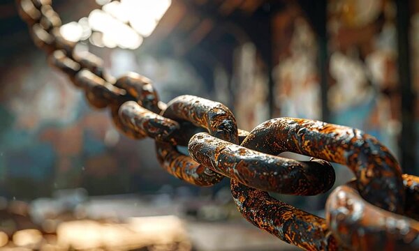 Close-up of a heavy, rusty metal chain with textured corrosion