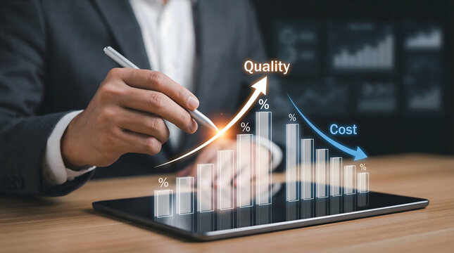 Professional hand using stylus on tablet to display rising quality and decreasing cost graphs in a modern office