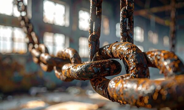 Heavy industrial rusty metal chain in an abandoned factory setting
