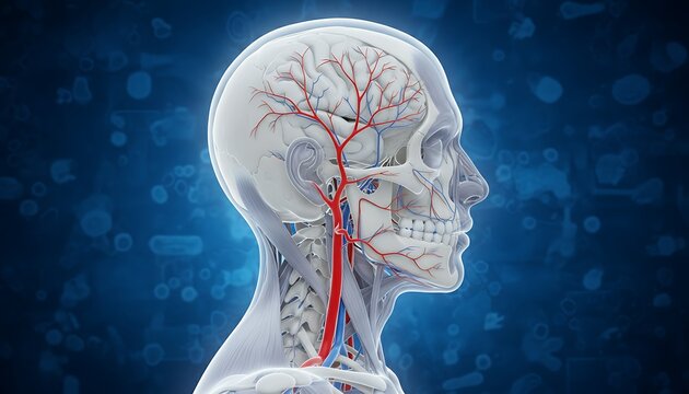 Detailed Side View Human Head Anatomy with Blood Vessels