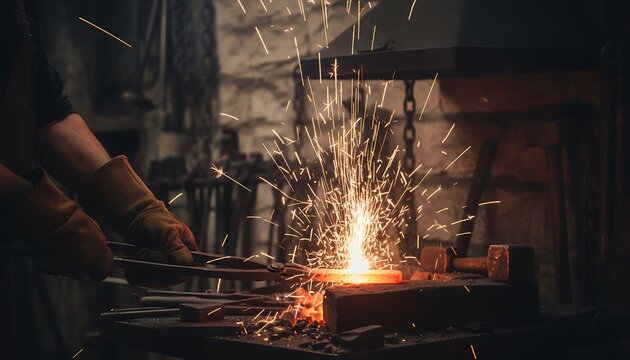 Glowing Hot Steel Forged Sparks Fly in Blacksmith Workshop