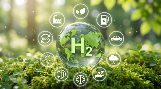 Green earth globe with H2 hydrogen symbol surrounded by sustainability icons rests on lush moss in a sunlit natural environment representing clean ene