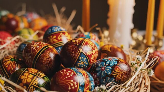 Easter celebrations with beautifully decorated pysanky eggs nestled in a rustic basket alongside candles and straw