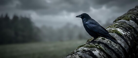 Obraz premium Black crow perched on moss-covered stone wall against dramatic stormy sky with dark clouds and misty forest landscape creating moody atmospheric scene.