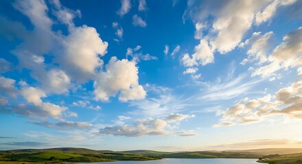 Obraz premium Dramatic sky with fluffy white clouds over rolling green hills and countryside landscape at sunset creating peaceful rural scenery for nature backgrounds.