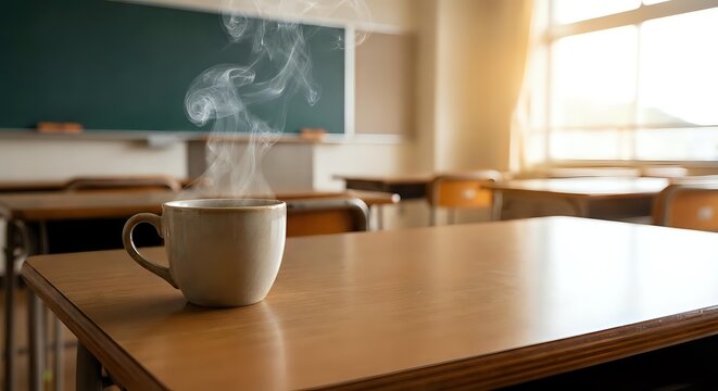 Steaming coffee cup on wooden desk in empty classroom with chalkboard and natural sunlight creating warm educational atmosphere for morning break.