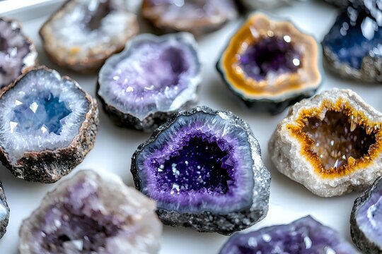 Collection of colorful amethyst and agate geode specimens with natural crystal formations and druzy centers for geology education and mineral collecting.