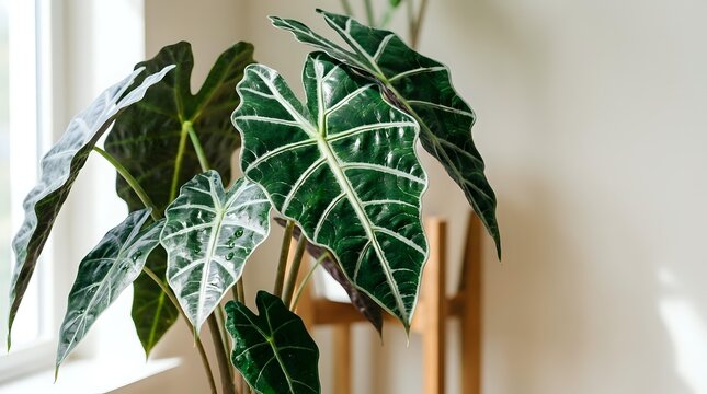 Alocasia amazonica elephant ear houseplant with striking dark green leaves and white veins in modern terracotta pot for indoor gardening and home decor.