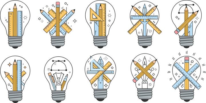 Set of creative light bulb vectors with pencils rulers and drafting tools for graphic design architecture and innovative education concepts isolated on white background.