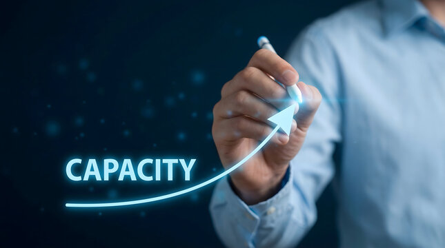 Professional person drawing a luminous blue capacity growth arrow with a stylus on a dark digital interface symbolizing strategic business development