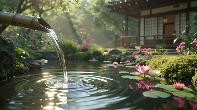 Zen Garden Bamboo Water Spout Pond Water Lilies Japanese House Morning Sun