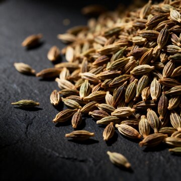 Close-up of raw cumin seeds spilling on dark slate background for cooking