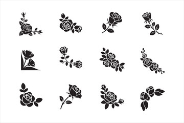 Fototapeta premium Set of detailed rose corner silhouette vector ornamental floral corner artistic design 