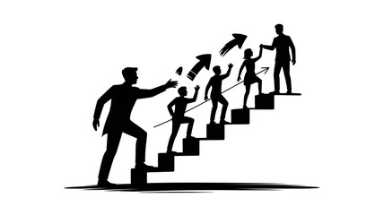 A black silhouette vector graphic of businessmen climbing a staircase with arrows pointing upwards, symbolizing career growth and success.