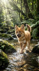 Obraz premium Young fox cub walking through forest stream with sunlight filtering through trees, surrounded by ferns and moss-covered rocks in natural woodland habitat.