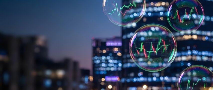 Financial market bubbles floating over blurred city skyline at night with trading charts and economic data visualization for investment analysis.