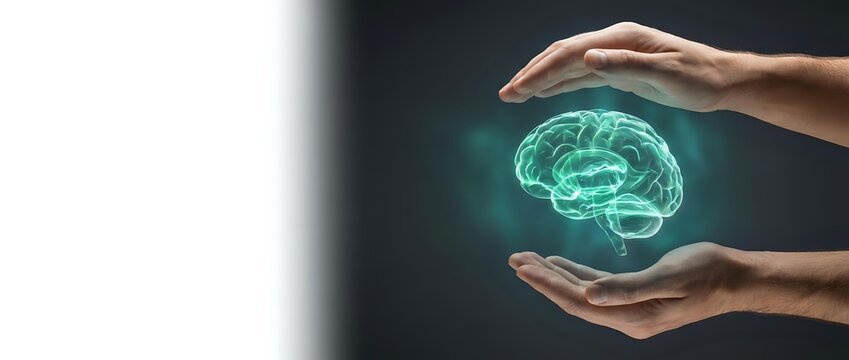 Hands protecting glowing green brain hologram representing mental health care, neuroscience research, artificial intelligence and cognitive protection concepts.