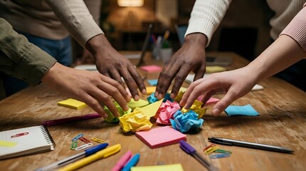 Obraz premium Diverse hands collaborating on creative brainstorming session with colorful sticky notes and markers on wooden table in modern office workspace.