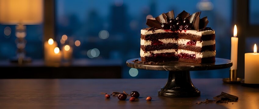 Decadent chocolate layer cake with berries on elegant stand surrounded by warm candlelight creating romantic evening dessert atmosphere for celebrations.