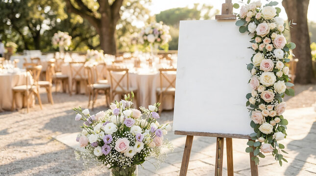 Outdoor wedding reception with a beautifully decorated blank welcome sign featuring pink and white roses and a floral bouquet bathed in golden hour li