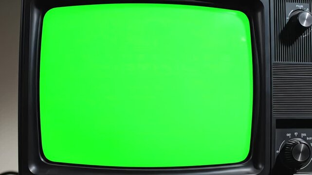 Close up of hand turning on vintage CRT television with static noise switching to green screen for chroma key compositing, studio lighting