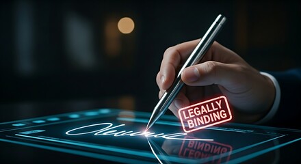 E-signature on a digital contract. A close-up of a stylus signing a holographic contract document, with a 