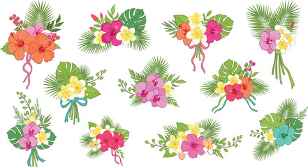 Collection of tropical flower bouquet vectors featuring hibiscus orchids and palm leaves in vibrant colors for summer wedding designs isolated on white background. © Hosneara