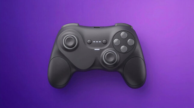 Futuristic wireless gaming controller concept isolated on purple gradient background. Modern ergonomic gamepad design for esports, console gaming, cloud gaming and next generation gaming technology